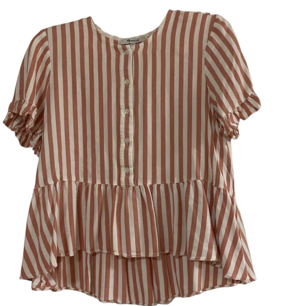 Madewell White and Pink Striped Button-Front Peplum Blouse